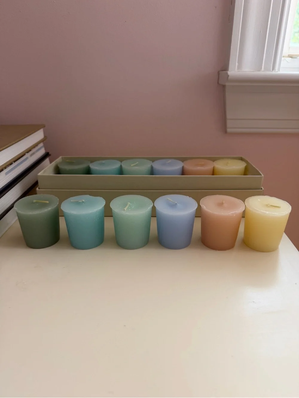 NEW Votive Candles Set of 12 Pastel Colors Unscented Boxed Pillar 2” Tall